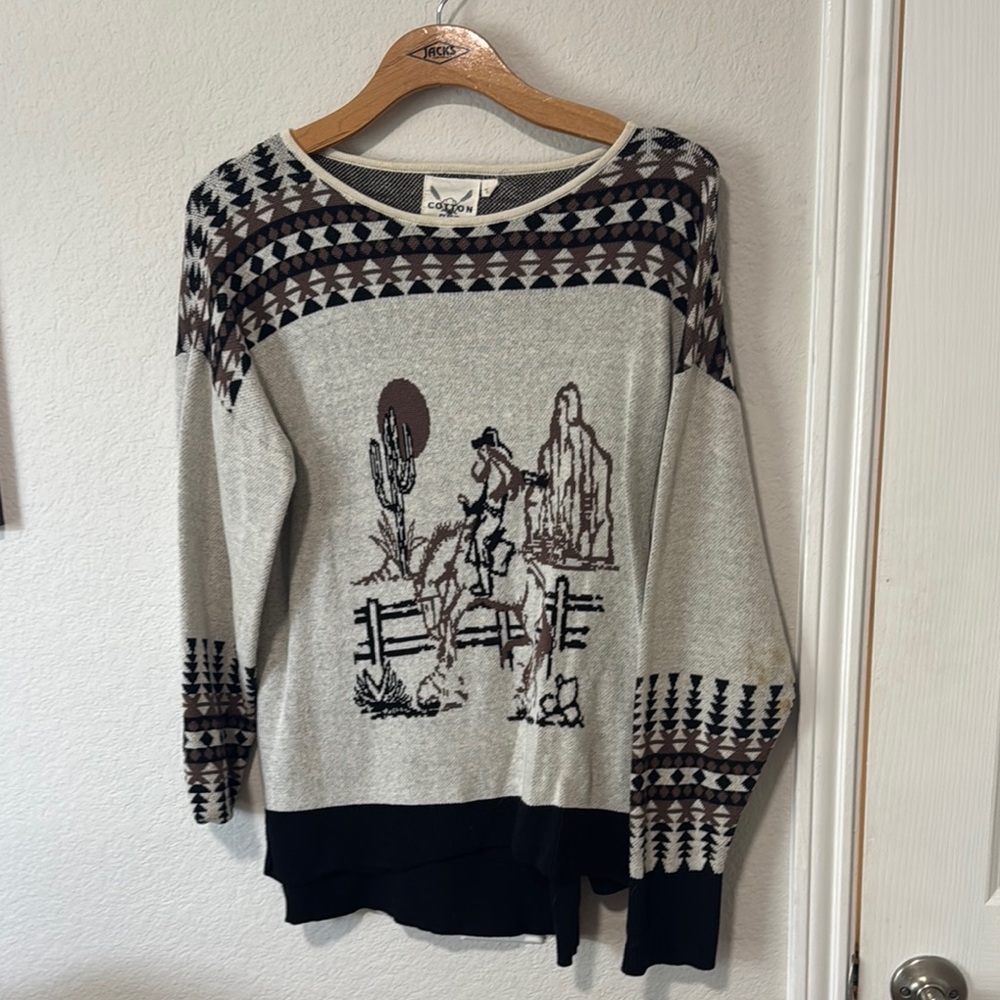 Gray and Black Crew Neck Sweater with Nordic Patterns